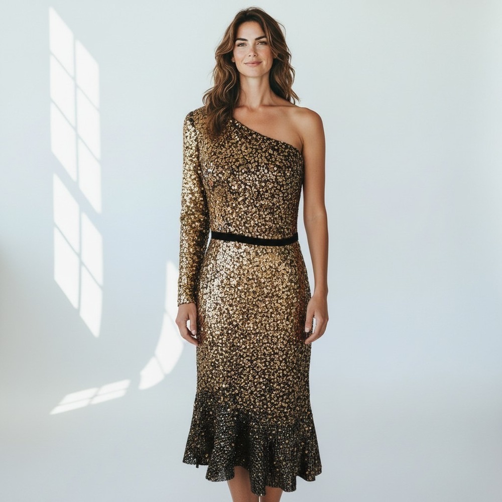Marchesa Notte Gold Sequin 1 Shoulder cocktail holiday Dress Velvet Waist SZ 10
